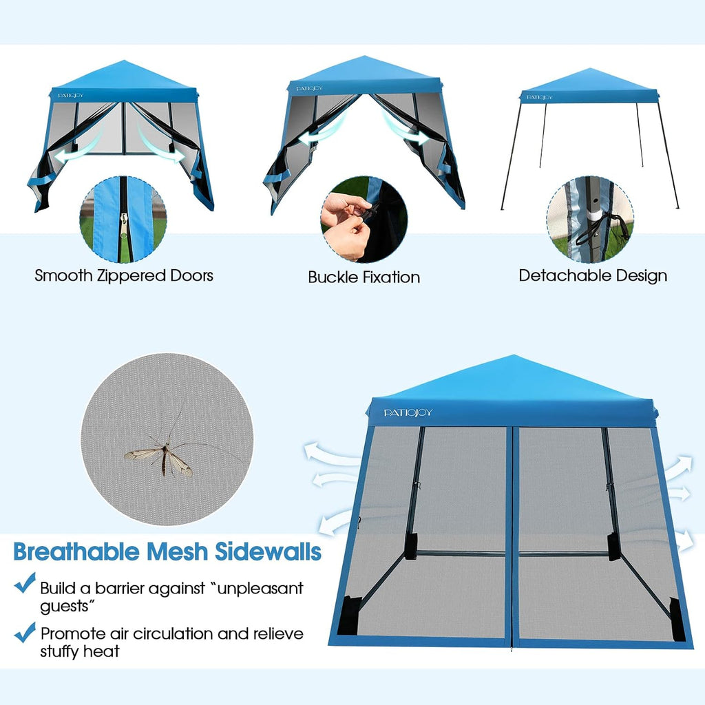 Tangkula 10x10 Ft Pop Up Canopy with Netting, Slanted Leg Outdoor Tent with Roller Bag, 4 Sand Bags, 8 Stakes, 4 Ropes, Instant Canopy Tent with Easy Set-up Center Lock for Patio (Blue)