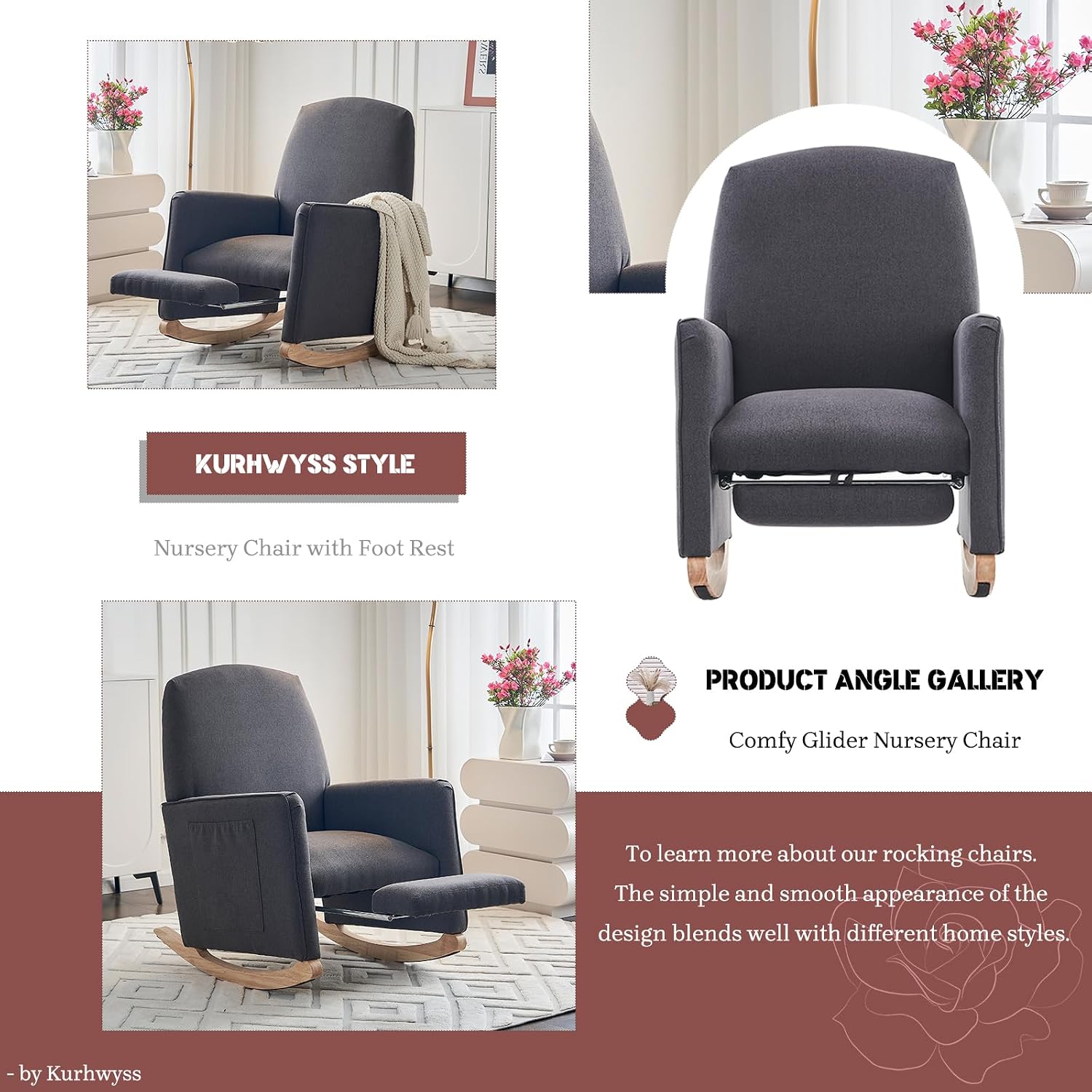 Modern Rocking Chair Nursery, Comfy Glider Nursery Chair with Foot Rest, Upholstered Rocker with Pocket, Accent Reading Armchair with Solid Wood Base for Living Room, Bedroom, Lounge Room (Dark Gray)