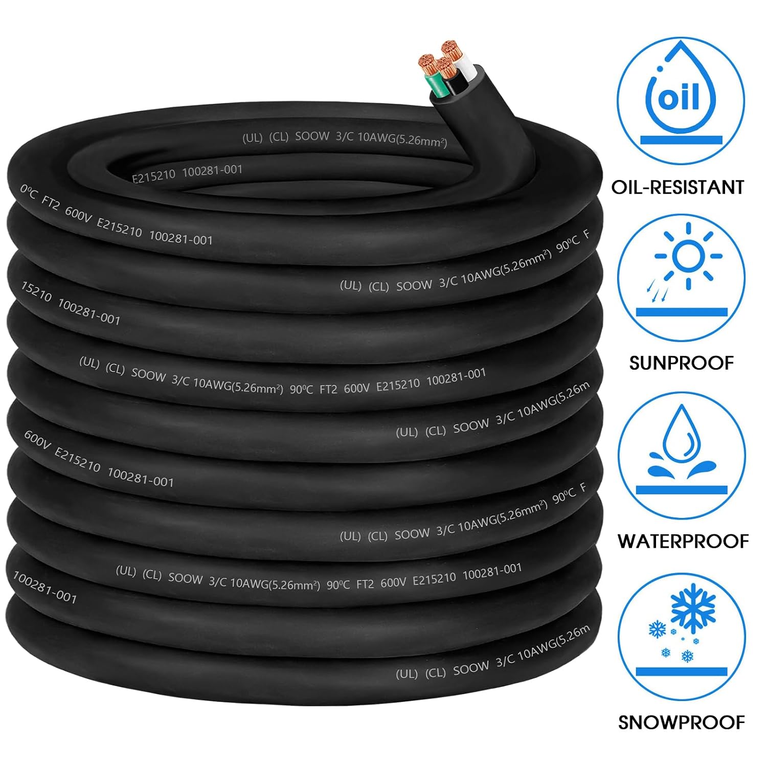 100ft 10/3 10 AWG SOOW Wire,10 Gauge Portable Power Cable 600V 3 Conductor 10/3 10 Gauge SOOW Extension Cord Electric Wire for Motor Lead,Generator,Welder,NEMA 14-30 RV Outlet Box,Car Battery Charger