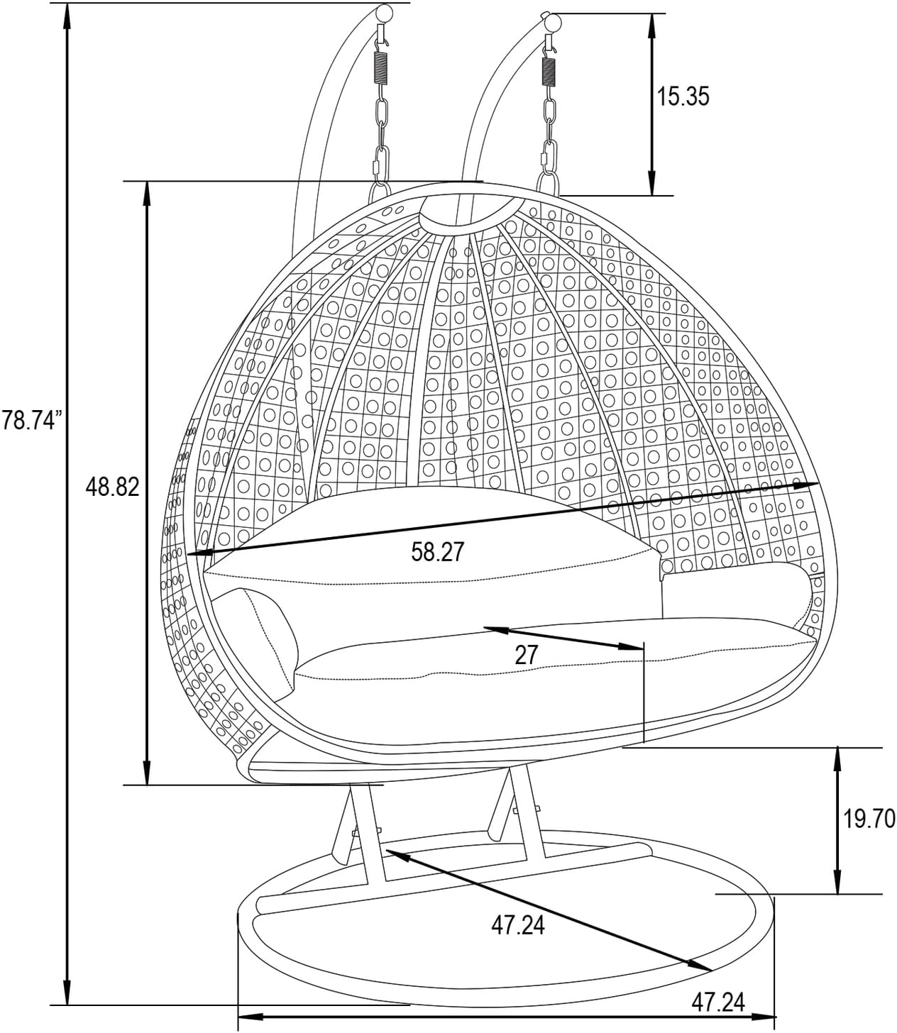 LeisureMod 2 Person Wicker Egg Chair Outdoor Indoor Bedroom Patio Hanging Lounge Swing Hammock Chairs with White Stand and UV Resistant Cushions (White)