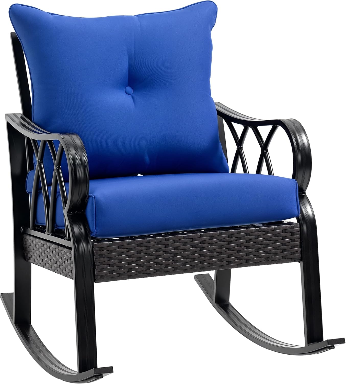 Outsunny Outdoor Wicker Rocking Chair with Padded Cushions, Aluminum Furniture Rattan Porch Rocker Chair w/Armrest for Garden, Patio, and Backyard, Blue