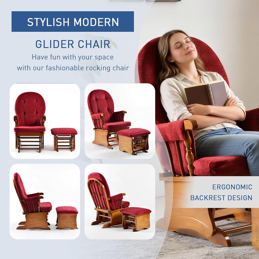 Solid Wood Glider Rocking Chair with Ottoman Set - Stylish Modern Nursery Glider Rocker with Thick Padded Cushion, Smooth Gliding Motion for Living Room, Nursing, Reading - 280LBS Capacity, Red