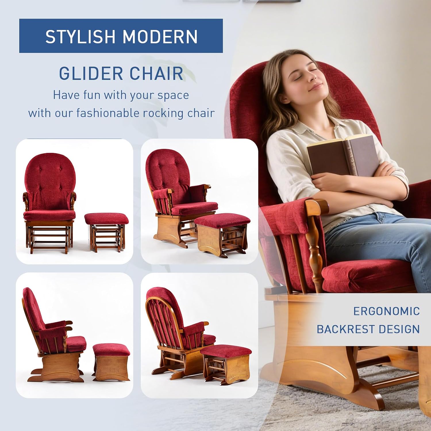 Solid Wood Glider Rocking Chair with Ottoman Set - Stylish Modern Nursery Glider Rocker with Thick Padded Cushion, Smooth Gliding Motion for Living Room, Nursing, Reading - 280LBS Capacity, Red