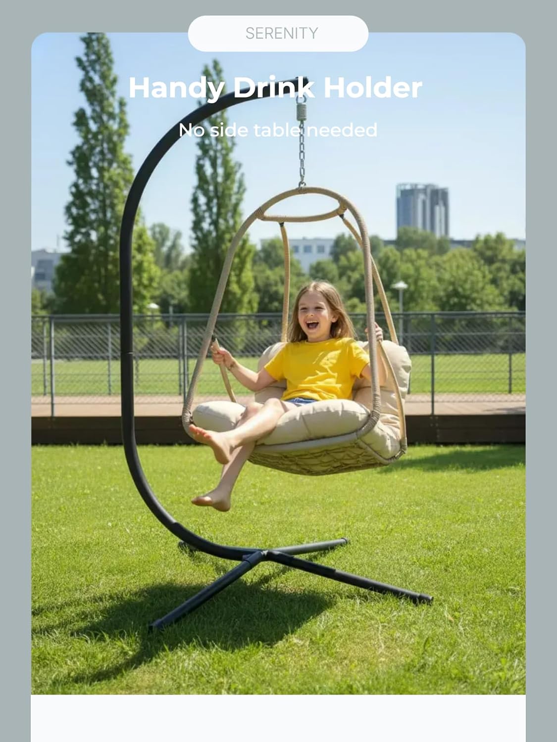 JESE Swing Egg Chair with Stand – UV Resistant Waterproof Cushion & Cup Holder Included, Indoor/Outdoor Hanging Hammock Chair for Patio, Bedroom, Balcony, Garden (Khaki)