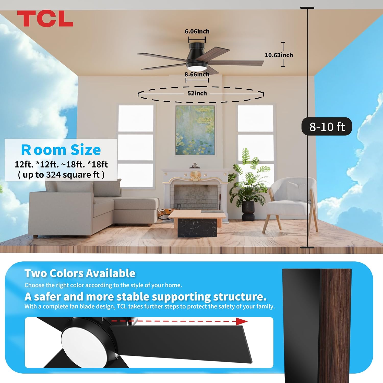 TCL 52' Black Ceiling Fan with Light and Remote, Modern LED 3-Color, 3CCT, Quiet Motor for Bedroom, Living Room, Dining Room, Ceiling Fans with Lights (Black)
