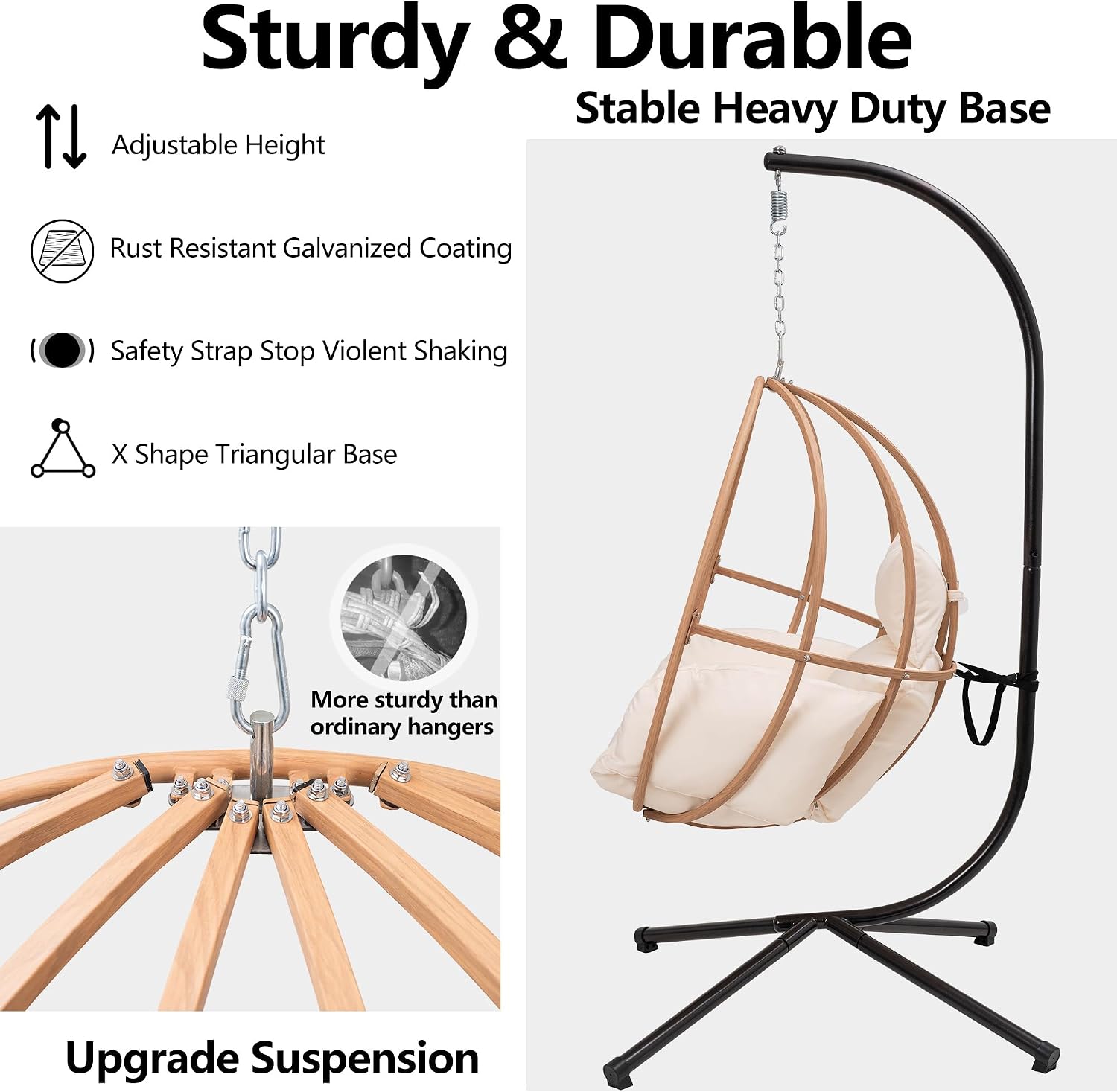Egg Chairs Outdoor, Hanging Egg Chair with Stand, All Weather Swing Chair, Modern Swinging Egg Chairs Indoor, Metal Hanging Chairs with Cushions, Patio Lounge Chair for Balcony/Deck, Beige