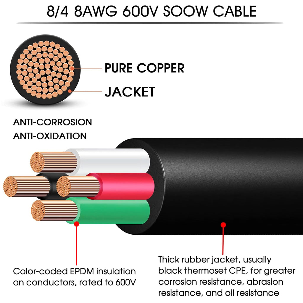 35ft 8/4 8 AWG Portable Power Cable 8 Gauge 600V SOOW Electric Wire 4 Conductor OFC 8 AWG Extension Cord Cable Wire for NEMA 14-35 Generator,Welder,RV Outlet Box,EV Battery Charger,Machinery