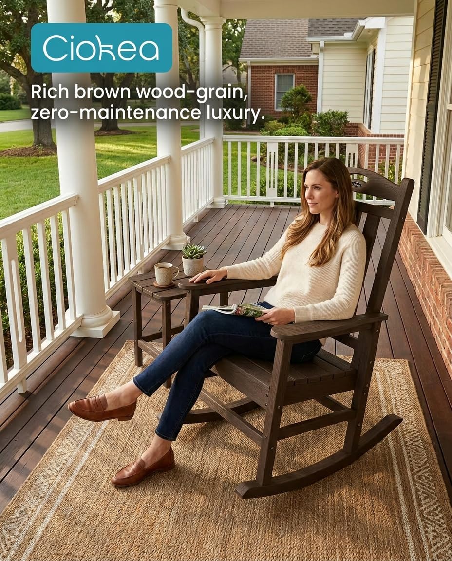 Ciokea Oversized Outdoor Rocking Chair, 380lbs Heavy-Duty Large Patio Rocker, Weather Resistant & Anti-Fade Porch Chair, High Back Cozy Rocking Chair for Outside, Fire Pit, Deck, Garden, Brown
