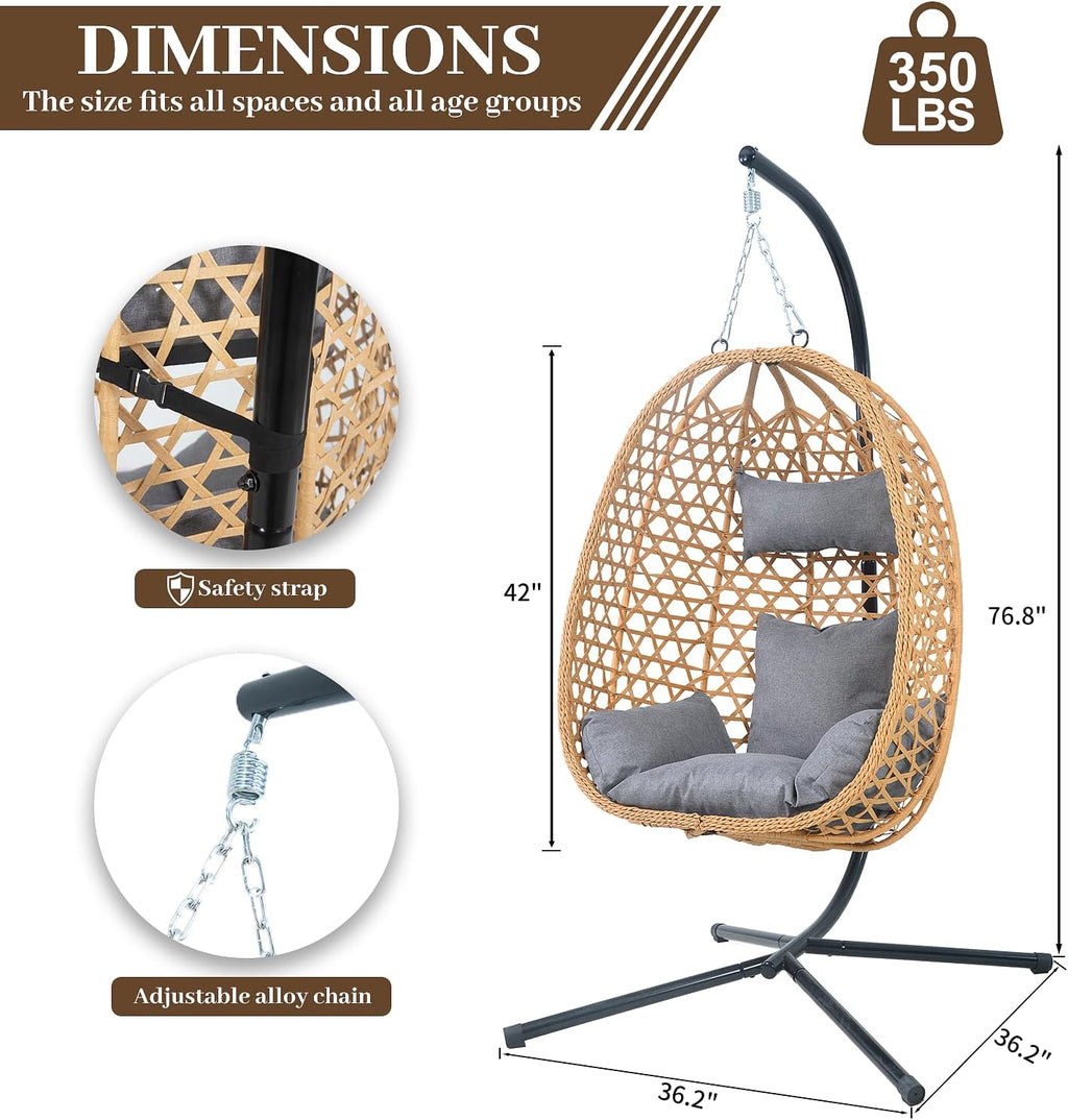 Hanging Egg Chair with Stand & Cushions - All-Weather Rattan Swing Chair for Patio, Balcony, Garden (Modern Boho Design, Ready-to-Use Indoor Outdoor)-Grey
