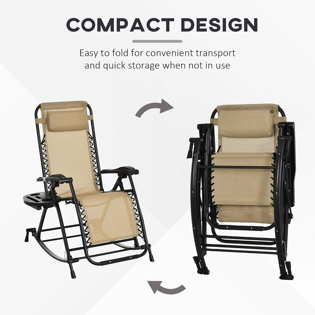 Outsunny Set of 2 Outdoor Rocking Chairs, Foldable Reclining Zero Gravity Lounge Rocker with Pillow, Cup & Phone Holder, Combo Design with Folding Legs, Beige