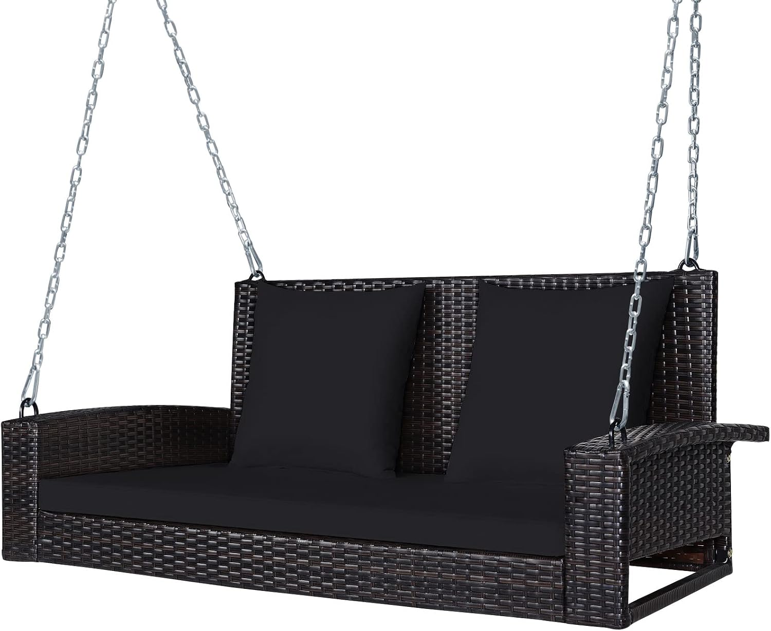 Tangkula 2-Person Wicker Porch Swing, Patiojoy Outdoor Rattan Hanging Swing Bench W/ 2 Back Cushions & 1 Seat Cushion, Sturdy Steel Chain, 800lbs Weight Capacity