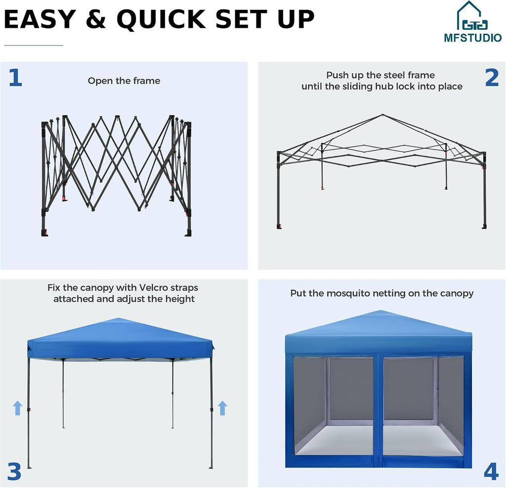 MFSTUDIO 10'x10' Pop Up Canopy Tent with Netting, Portable Instant Folding Canopy, Outdoor Canopy Screen Event Tent with 4 Zippered Mesh Netting for Garden, Blue