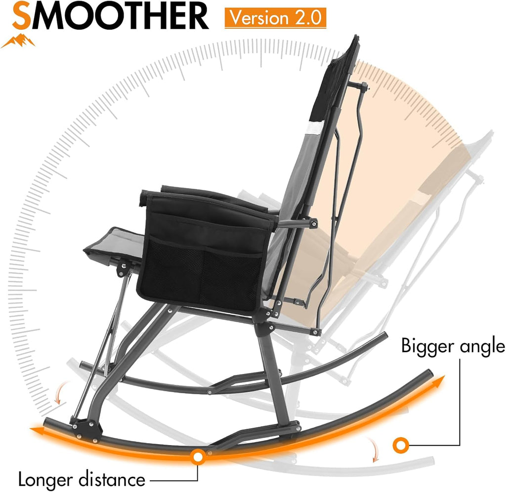Portal Oversized Folding Rocking Camping Chair for Adults, Portable & Foldable Outdoor Lawn Rocker Chairs with High Back Hard Armrests Carry Bag for Outside, Camp, Patio, Supports 400lbs, Grey&Black