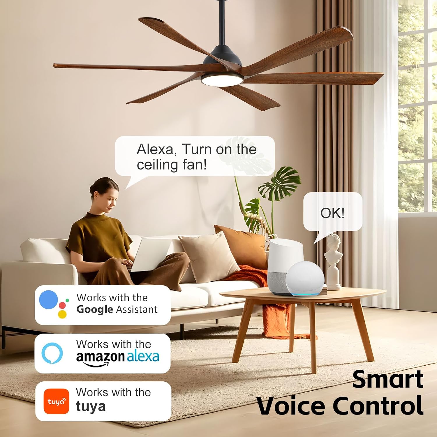 60-Inch Smart Outdoor Ceiling Fan with Light - High CFM Propeller Blades, Rustic Farmhouse Style, Alexa/Tuya App/Remote Control, Quiet DC Motor, Damp Rated for Patio, Porch, Gazebo