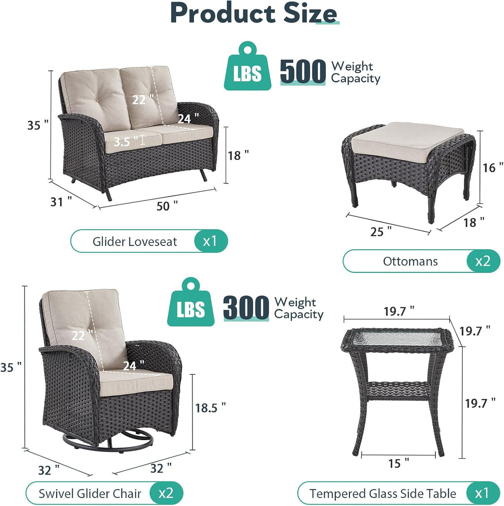 5 Piece Patio Furniture Set - Wicker Patio Conversation Set with Swivel Glider, Glider Loveseat, Tempered Glass Side Table and Coffee Table for Deck Backyard - Black Wicker Beige Cushion