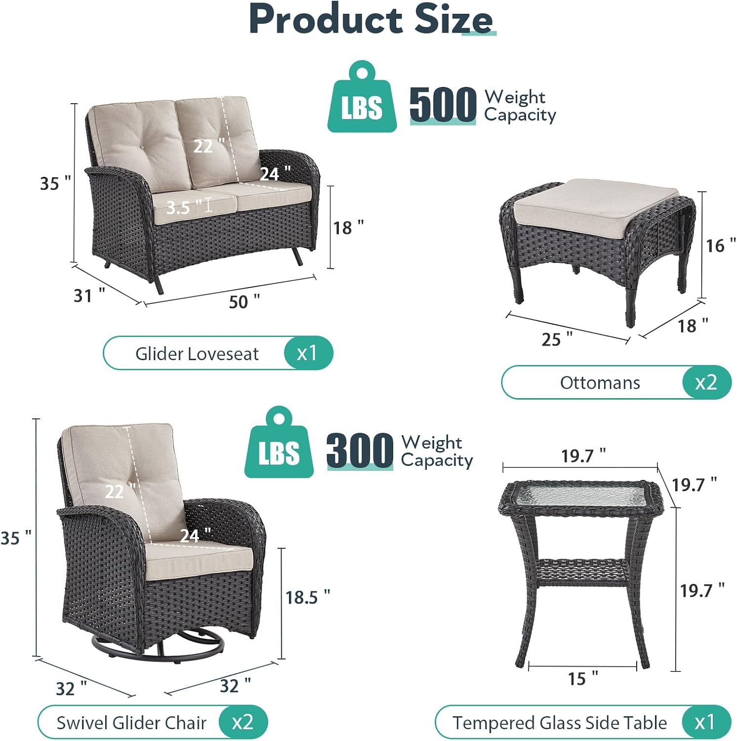 5 Piece Patio Furniture Set - Wicker Patio Conversation Set with Swivel Glider, Glider Loveseat, Tempered Glass Side Table and Coffee Table for Deck Backyard - Black Wicker Beige Cushion