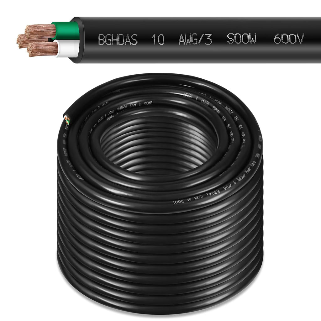 200ft 10/3 10 AWG Portable Power Cable (3 Conductor) - SOOW 600V 10 Gauge Electric Wire for Generator, Portable Lights, RV/EV Car Battery Chargers and Machinery - 200 Feet Electrical Cord