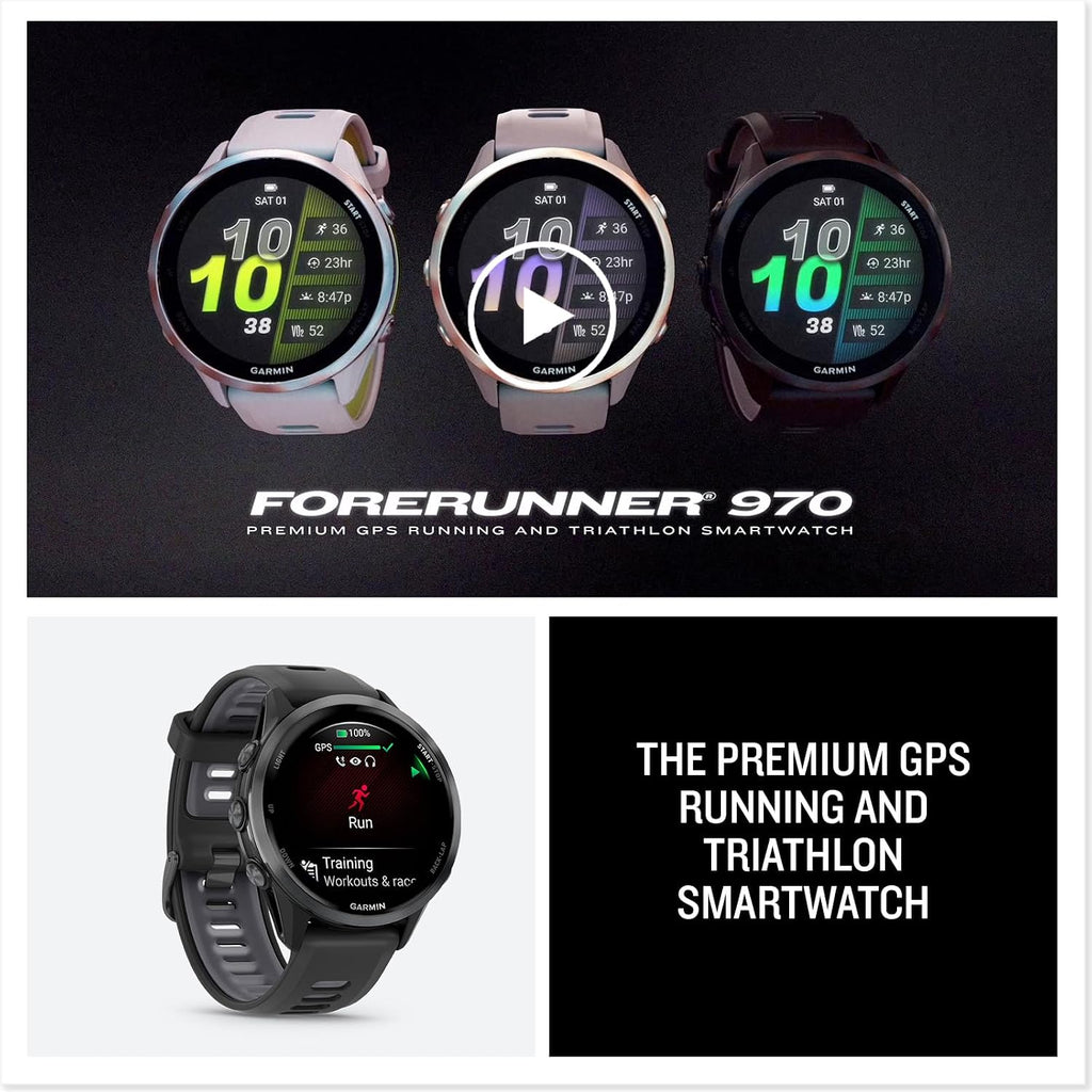 PlayBetter Garmin Forerunner 970 (Carbon Gray DLC Titanium/Translucent Black) Running & Triathlon GPS Smartwatch Gift Box Bundle - AMOLED, LED Flashlight w HD Screen Protectors, Wall Adapter & Case