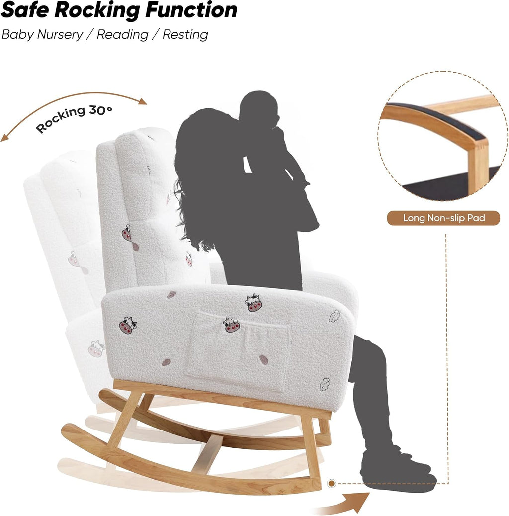 HCHAIRH Rocking Chair Nursery, Sherpa Nursing Rocking Chairs, Upholstered Nursery Glider Rocker for Mom Nursery Morden Rocking Chair with Side Pocket for Living Room,Bedroom,Teddy White Cow Printed