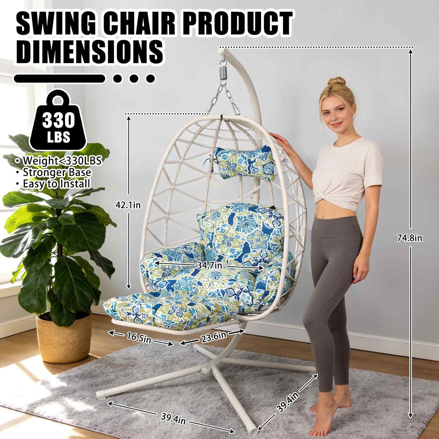 Hanging Egg Chair with Stand & Leg Rest,Rattan Wicker Swing Chair with Cushion,Patio Basket Hanging Chair Wicker Hammock Chair for Indoor Outdoor Bedroom Garden,300LBS (White Rattan&Floral Cushion)