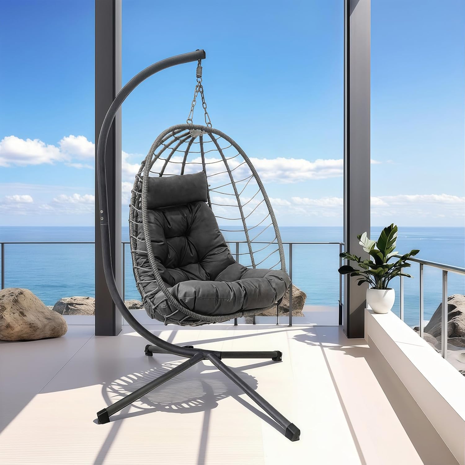 Hanging Egg Chair with Stand, Outdoor Indoor Rattan Wicker Swing Chair, Foldable Patio Hammock with Cushion, Dark Grey, 350 LBS Capacity (Dark Grey)