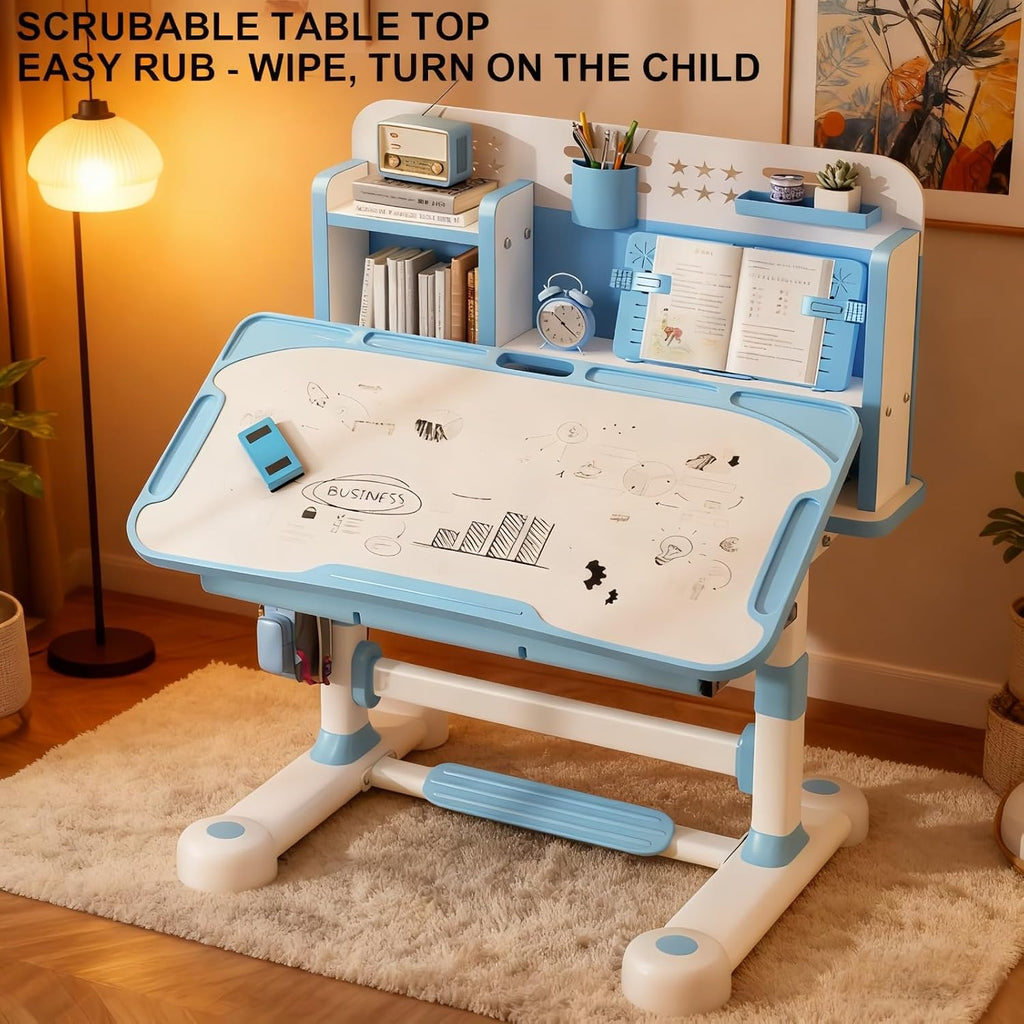 Kids Desk and Chair Set, Height Adjustable Kids Desk with Cartoon Pattern, Widened Tabletop, Tiltable Reading Stand, Back Support & Spine Protect, Prevent Myopia, for Boys & Girls 3+ (Blue1)