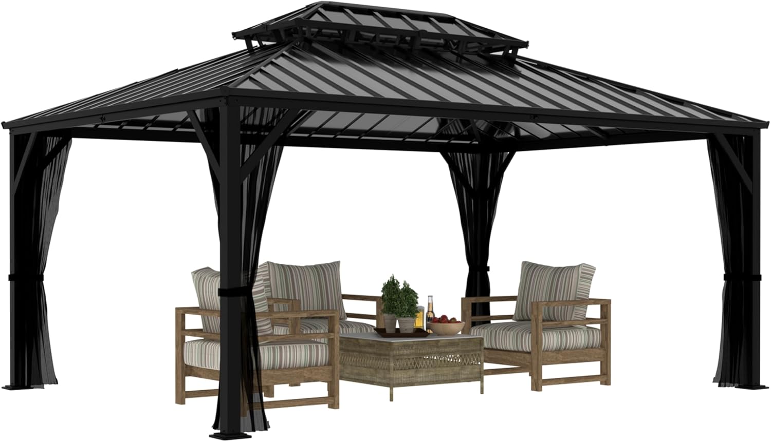 MUPATER 10' X 14' Outdoor Hardtop Gazebo, Permanent Metal Gazebo with Galvanized Steel Double Roof, Patio Pavilion with Netting for Garden, Lawn and Backyard Party, Black