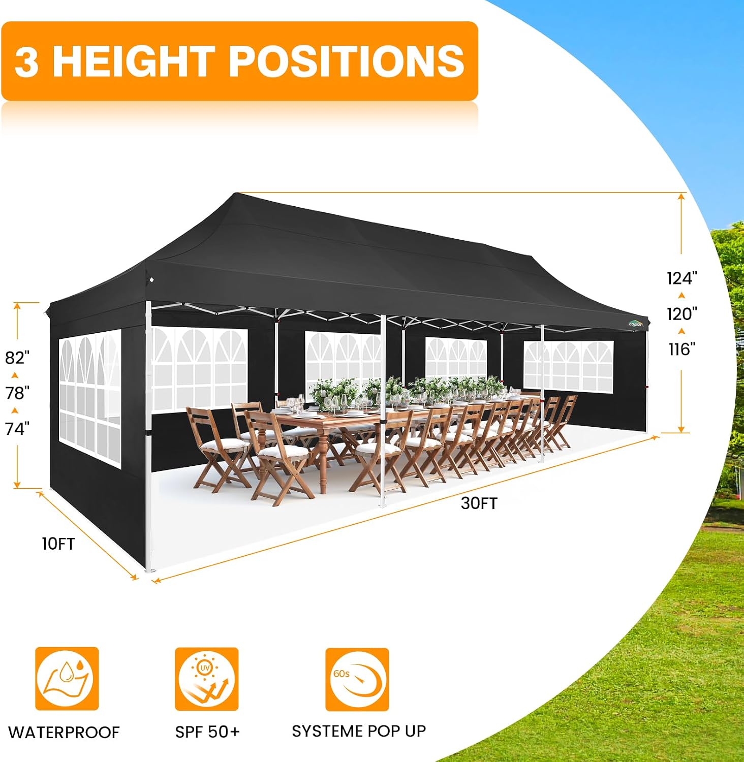COBIZI 10x30 Pop up Canopy with 8 Removable Sidewalls & 4 Sandbags, Party Tent for Parties, Wedding, and Commercials, Waterproof and Instant Shelter UV50+ Ez Outdoor Canopy Tent with Roller Bag