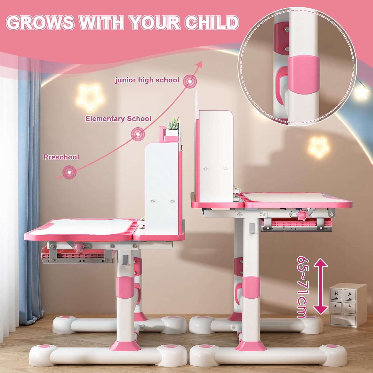 Kids Desk and Chair Set, Ergonomic Height Adjustable Kids Desk with Cartoon Pattern, Widened and Tilt Desktop, Book Stand, Steel Hook and Storage Drawer for Boys & Girls 3+ (Pink 1)