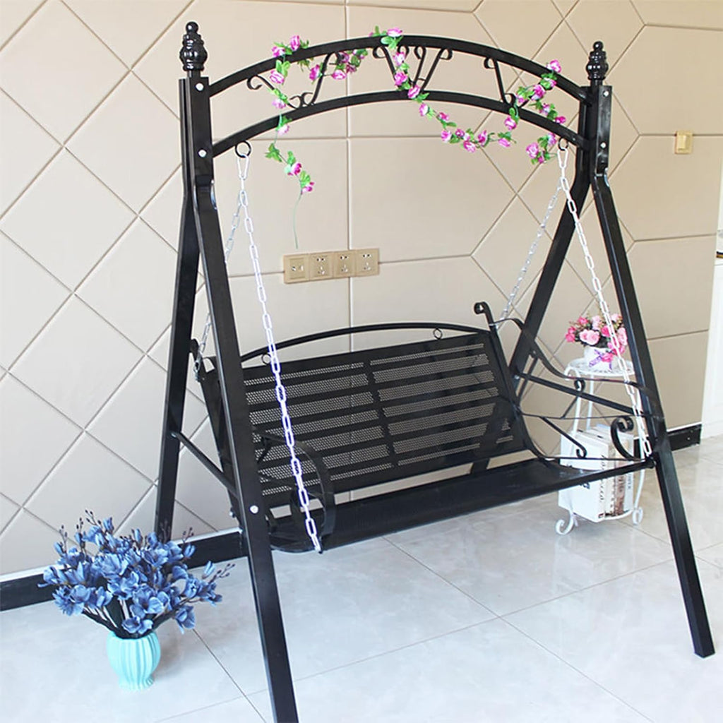 Upgraded Metal Patio Porch Swing with A-Frame Stand Heavy Duty Metal Hanging Porch Swing Chair Patio Hanging Bench Swing with Adjustable Chains for Garden, Balcony, Living Room (Black)