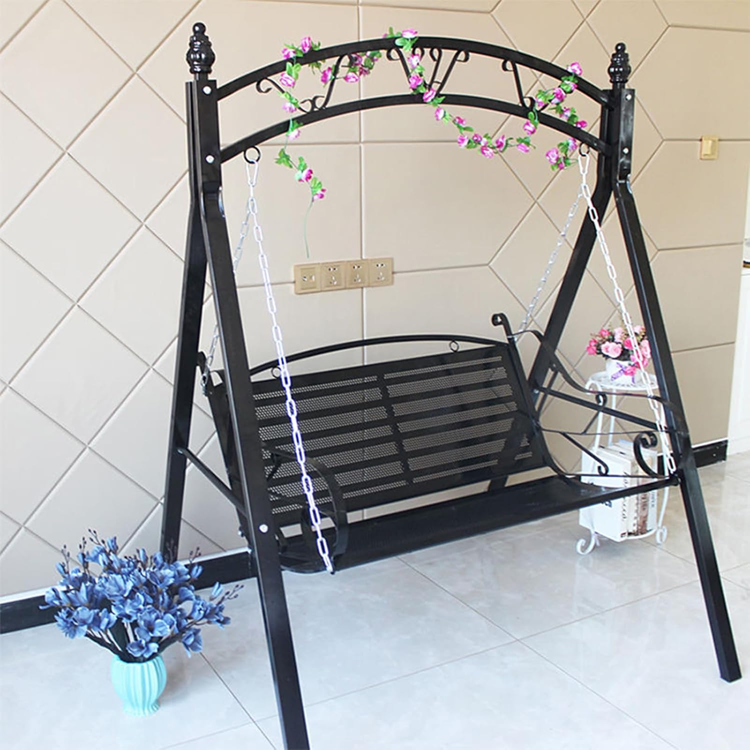 Upgraded Metal Patio Porch Swing with A-Frame Stand Heavy Duty Metal Hanging Porch Swing Chair Patio Hanging Bench Swing with Adjustable Chains for Garden, Balcony, Living Room (Black)