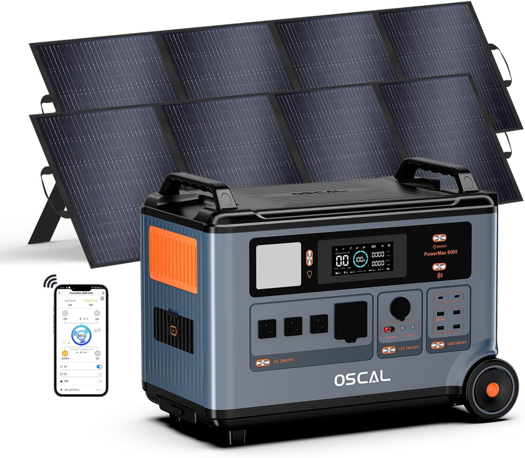 OSCAL PowerMax 6000 Solar Generator with 2×200W,120V/240V Split Phase Voltage 6000W AC Outlets (9000W Peak), 2200W AC Charging/2400W Solar Charging, Emergency for Home power