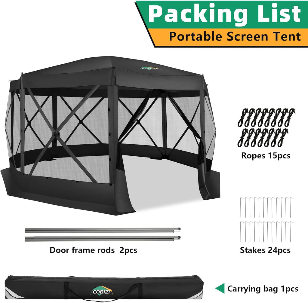 COBIZI Pop Up Gazebo Screen Tent Screen House for Camping, 15x15 Screen Room with Mosquito Netting, Hub Tent Instant Screened Canopy with Carrying Bag and Ground Stakes, Black