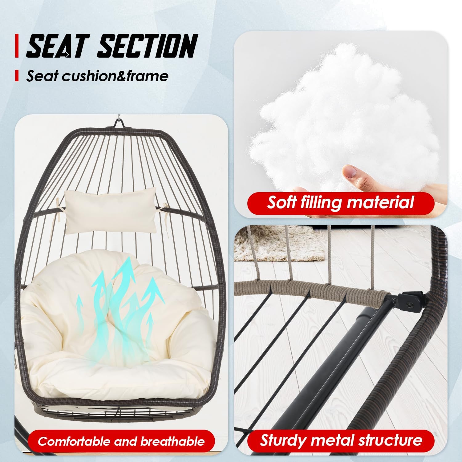 Egg Hanging Chair with Stand Hammock Chair Wicker Basket Chair Hanging Patio Swing UV Resistant Cushion for Indoor Bedroom Outdoor Garden Backyard Balcony
