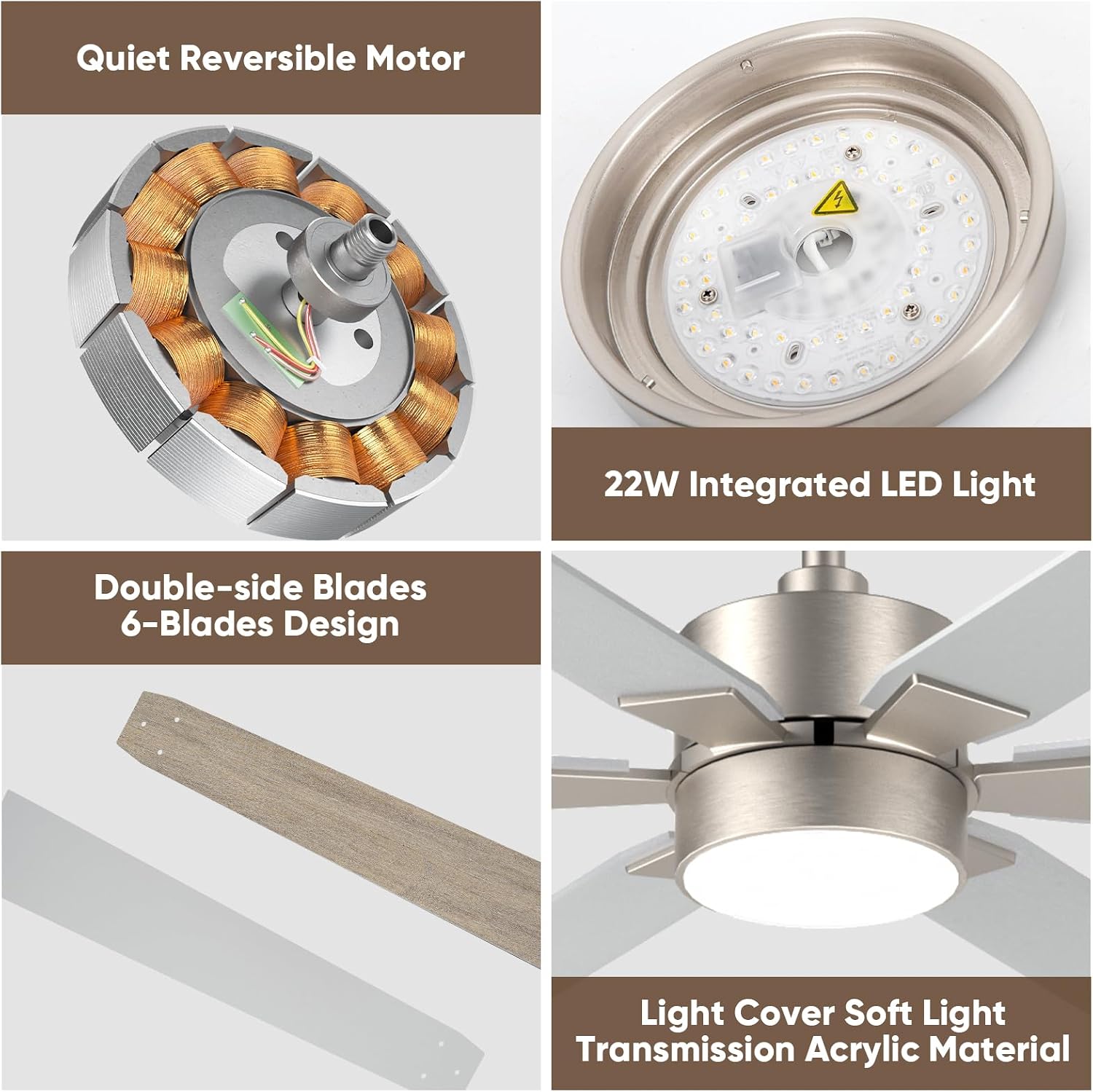Outdoor Ceiling Fans for Patios with Light, 66 inch Large Ceiling Fans with Lights, Modern Indoor Exterior Large Airflow Commercial Ceiling Fan for Gazebo Porch Garage, Dual Finish-Nickel & Oak Gray