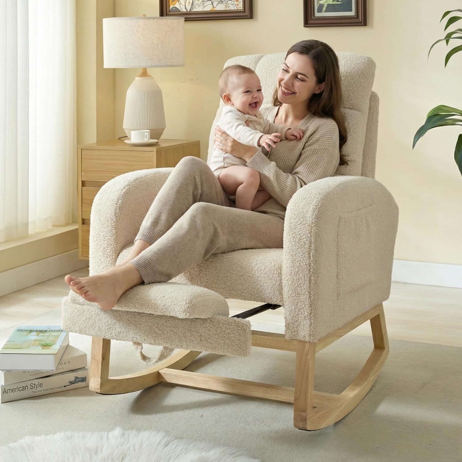 NIOIIKIT Modern Nursery Rocking Chair, Teddy Upholstered Rocking Chair with Footrest, Comfortable Rocker Recliner with Side Pocket, Rocker Glider for Living Room, Bedroom, Nursing Room (Apricot)