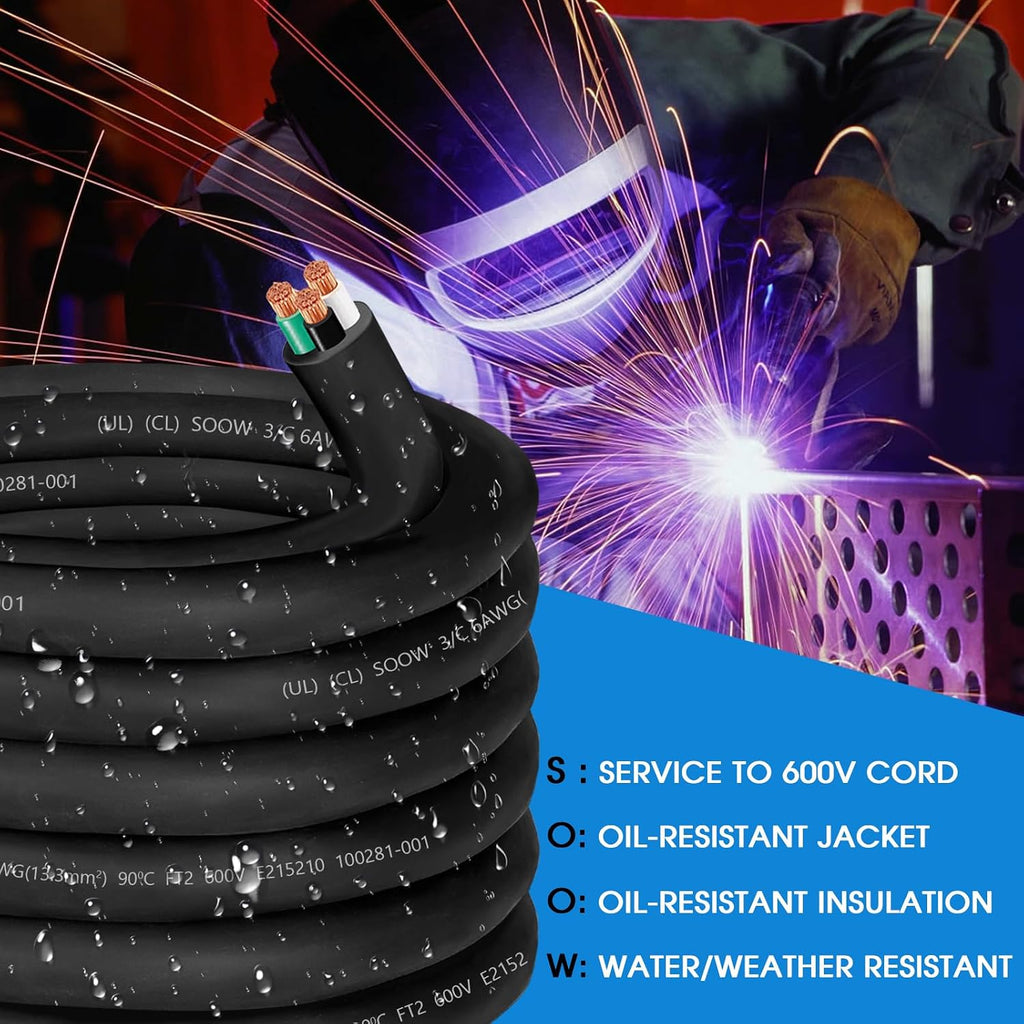 25ft 6 Gauge Wire 6/3 SOOW Cable,Total 3 Conductor 6 Gauge Electric Portable Power Cord with UL, 600V 50A SOOW Bulk Cable for Industrial-Generator,Welder,EV Battery Charger,Motor Lead,Outer Dia 26mm
