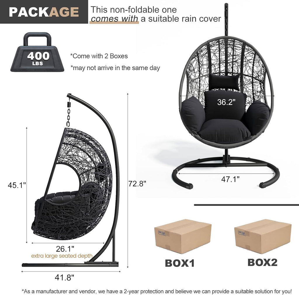 Oversized Hanging Egg Chair with Stand Outdoor Wicker Swing Chair Comfy Hammock Egg Shaped Chair 400lbs Capacity for Patio, Garden and Balcony