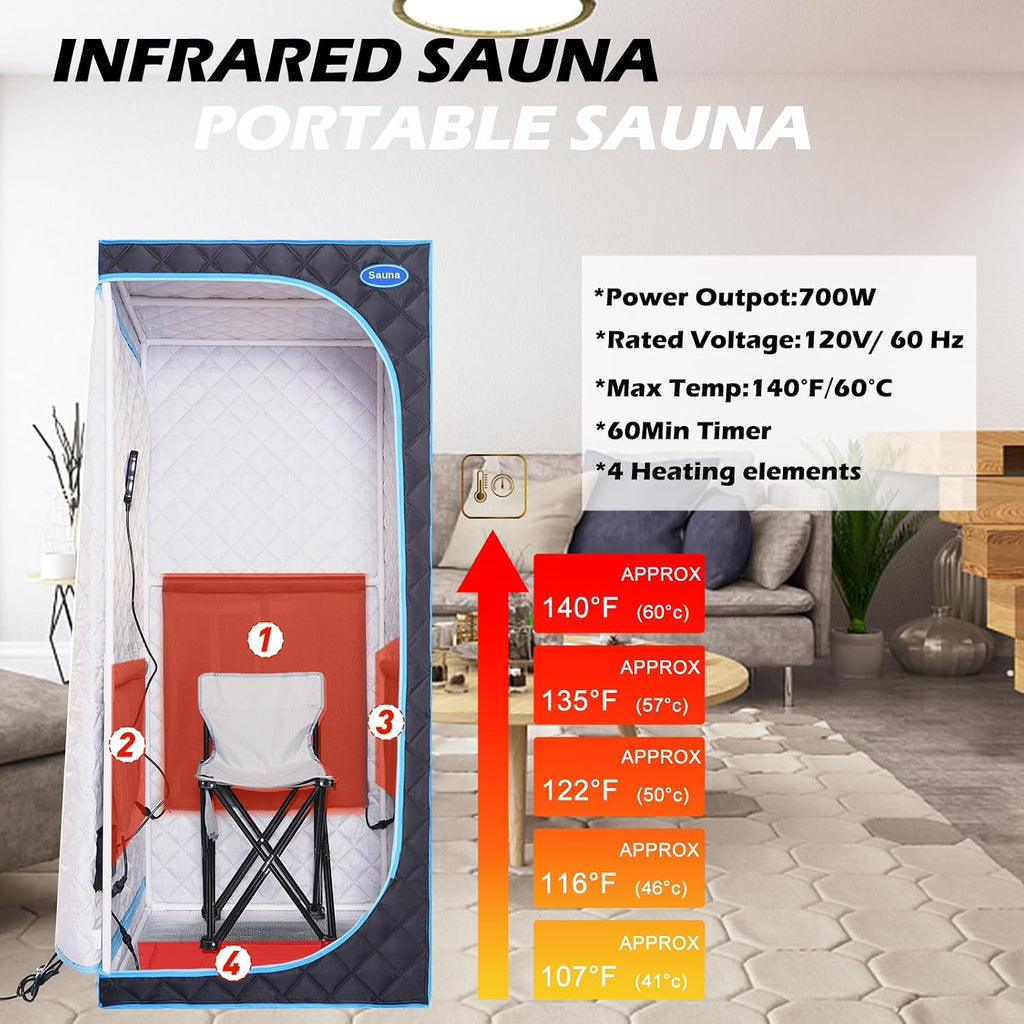 Portable Infrared Sauna for Home Spa | Full Size 1 Person Sauna | Full Size Far Infrared Sauna Tent | with Heating Foot Pad, Portable Chair, (L29.1 x W29.1 x H66.5, Black)