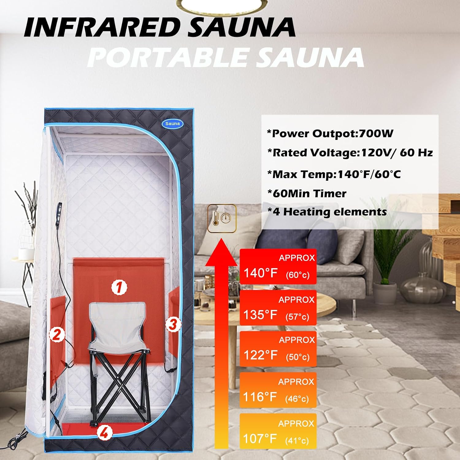 Portable Infrared Sauna for Home Spa | Full Size 1 Person Sauna | Full Size Far Infrared Sauna Tent | with Heating Foot Pad, Portable Chair, (L29.1 x W29.1 x H66.5, Black)