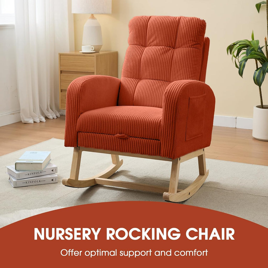 NIOIIKIT Nursery Rocking Chair, Corduroy Upholstered Rocking Chair with Adjustable Footrest, Tufted Rocker Chair with Side Pocket, Glider Rocker for Living Room, Bedroom (Orange Retro)