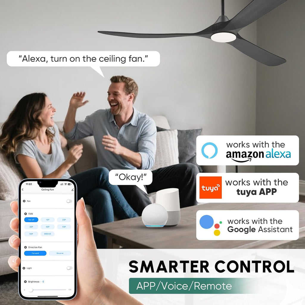 82' Large Indoor Outdoor Ceiling Fan with Light - Remote/App/Alexa Control, 3 Wood Blade, High CFM Quiet Energy Efficient Reversible, Damp-rated for Patios Porch Garage Shop, Modern Black Industrial