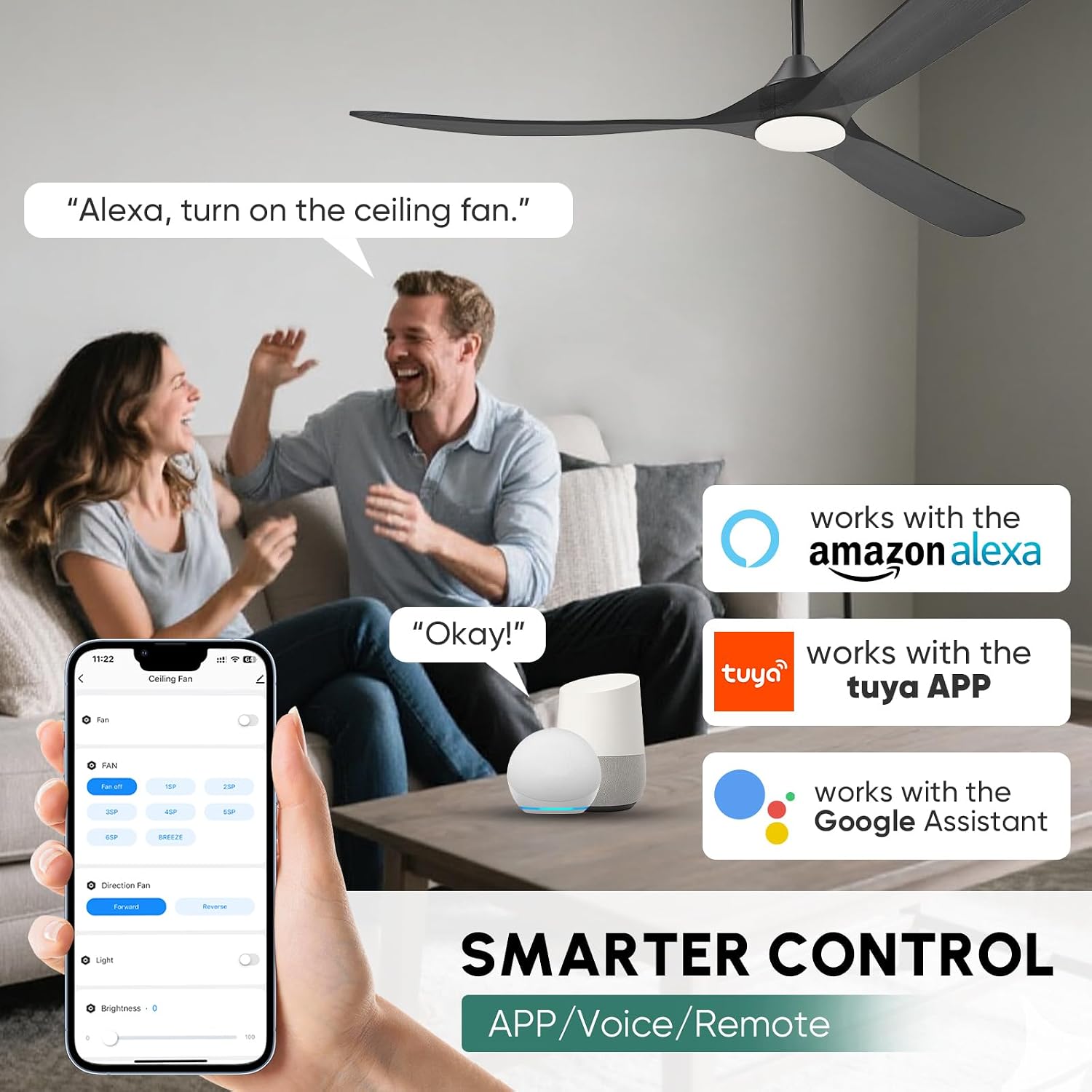 82' Large Indoor Outdoor Ceiling Fan with Light - Remote/App/Alexa Control, 3 Wood Blade, High CFM Quiet Energy Efficient Reversible, Damp-rated for Patios Porch Garage Shop, Modern Black Industrial