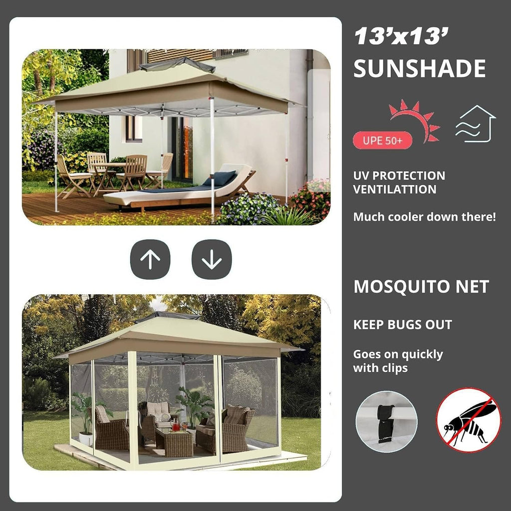HOTEEL 13x13 Pop Up Gazebo Canopy Tent - Easy Up Outdoor Waterproof Portable Gazebo With Mosquito Nettings, Double Vented Roof and Carry Bag for Patio Garden Lawn (Khaki)