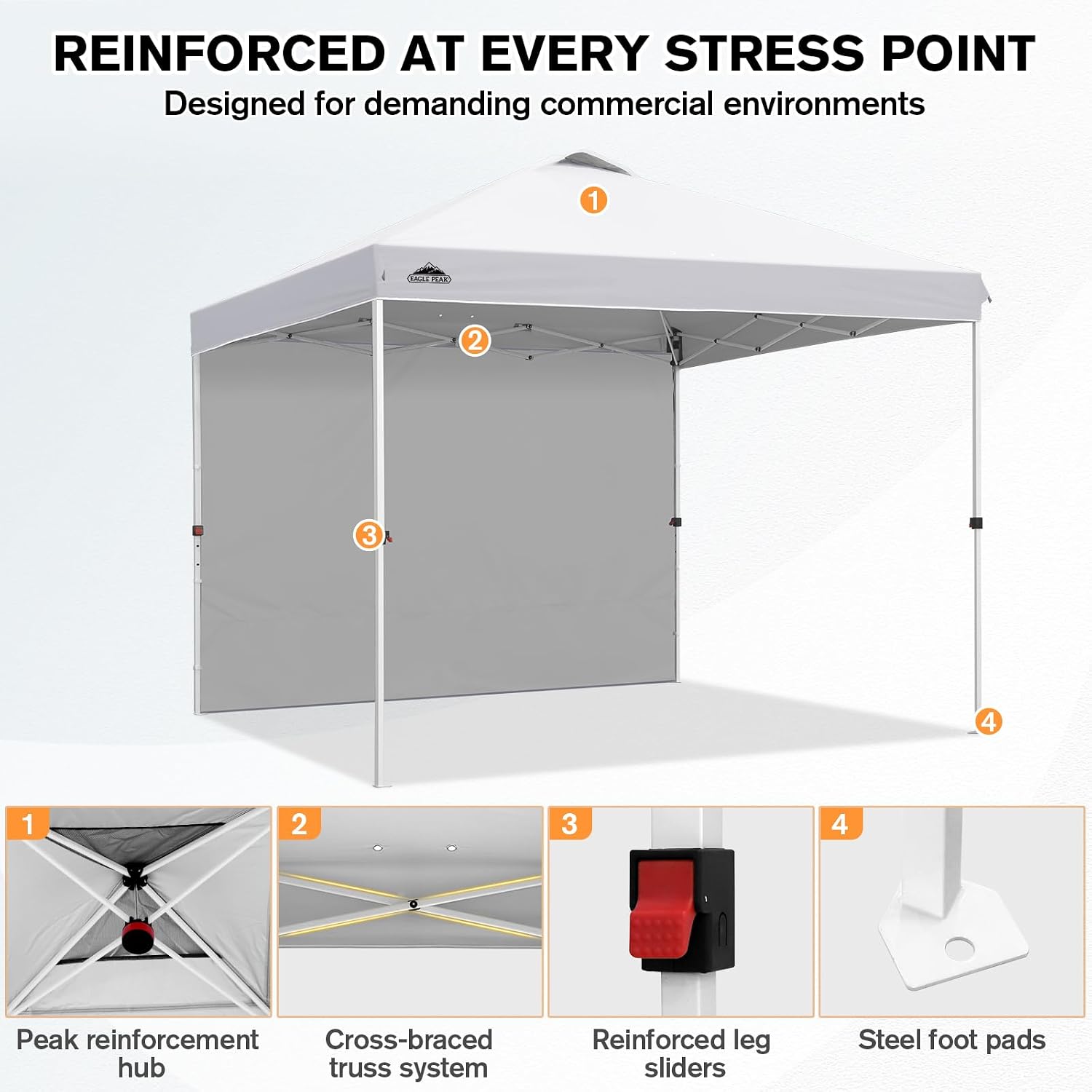 EAGLE PEAK Commercial Canopy 10x10 Pop Up Canopy Tent with 1 Sidewall, Easy Setup Heavy Duty Instant Event Shelter for Vendors & Markets, Outdoor Sun Shade, White