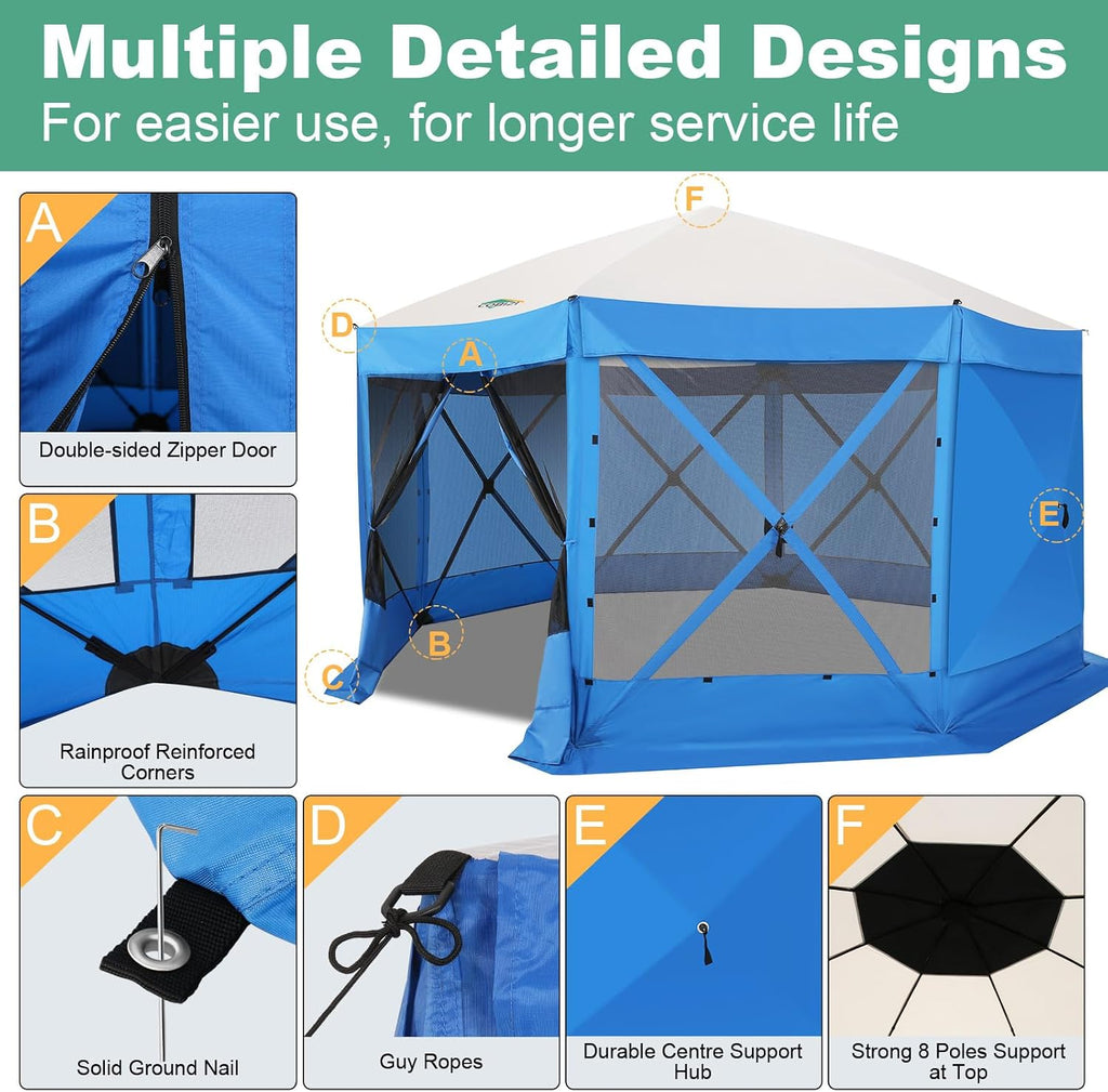 COBIZI 15x15ft Extra Large Pop Up Gazebo Canopy Tent with Mosquito Netting, Spacious Easy Set-Up Screened Shelter, Durable Outdoor Pavilion with Ground Stakes, Perfect for Patio, Backyard, Blue