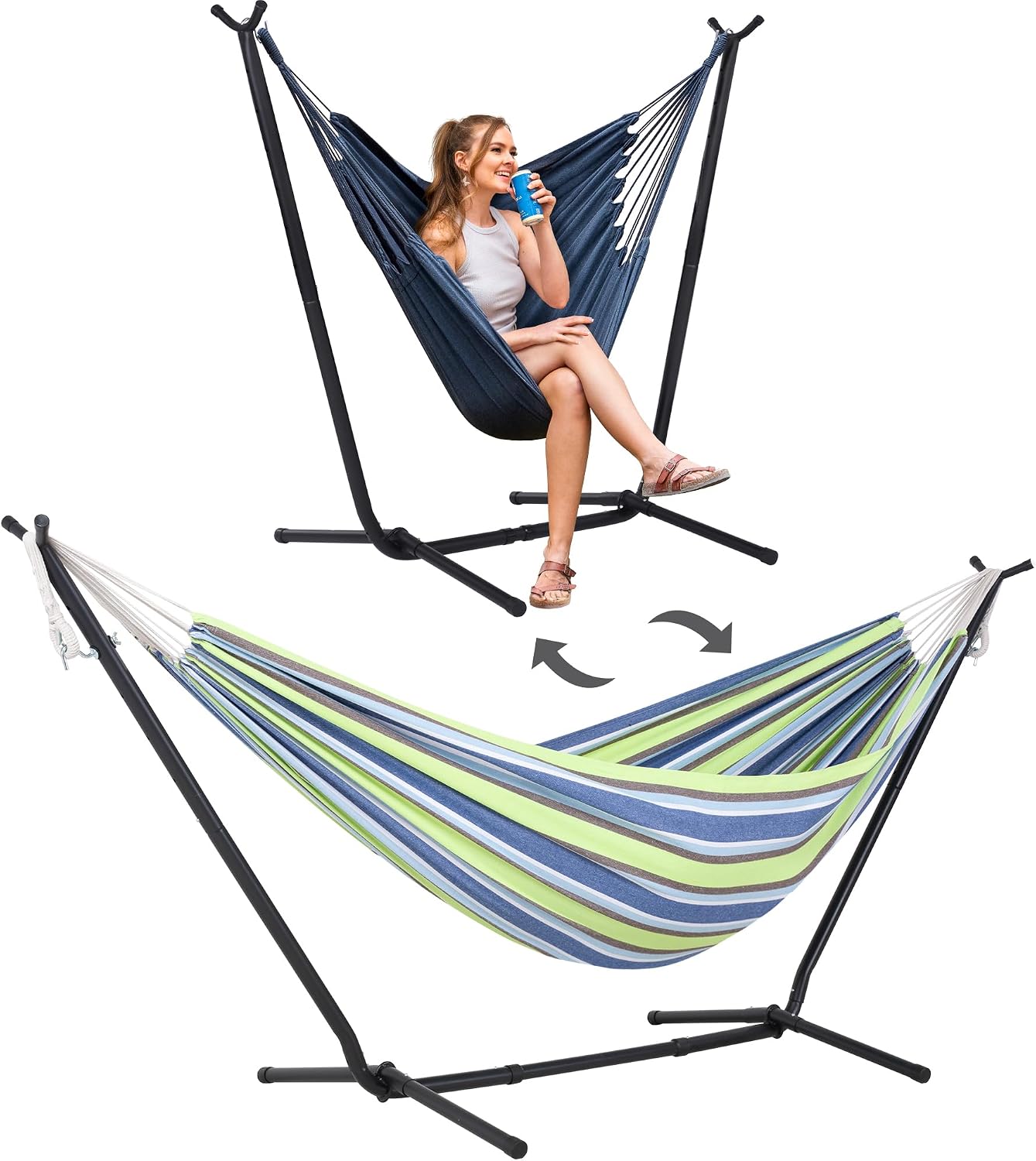 SUNCREAT 2-in-1 Convertible Backyard Fabric Hammock with Stand, Large Hammocks for Outside, Patented, Light Green Stripes
