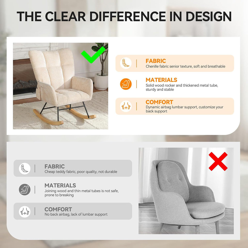 Rocking Chair with Airbag, Comfy Modern Reading & Nursing Nursery Rocking Chair Indoor, Cozy Upholstered Glider Rocker Chairs for Living Room Bedroom Offices, (Chenille, Beige)