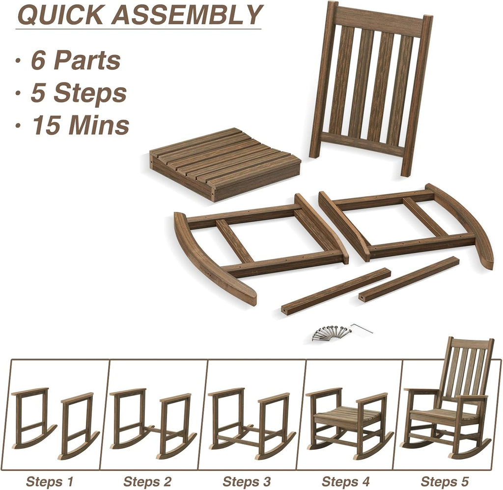 Rocking Chair Outdoor, HDPE Oversized Patio Rocking Chairs, Weather Resistant, 350lbs Heavy Duty Porch Rocker with High Back for Backyard, Fire Pit, Garden and Indoor (Brown)
