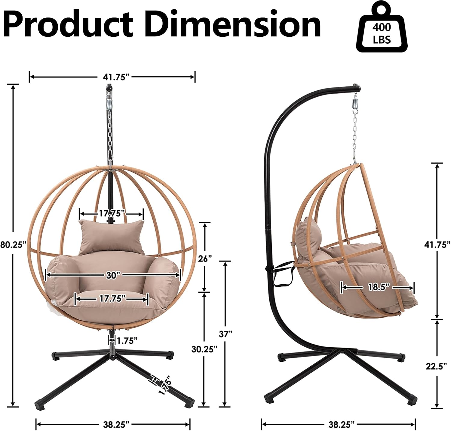 Egg Chair Outdoor, Imitation Rattan Hanging Egg Chair with Stand, Hanging Chairs with Cushions, 80' High All Weather Basket Swinging Chairs, Egg Swing Chairs Outdoorfor Balcony/Deck, Khaki